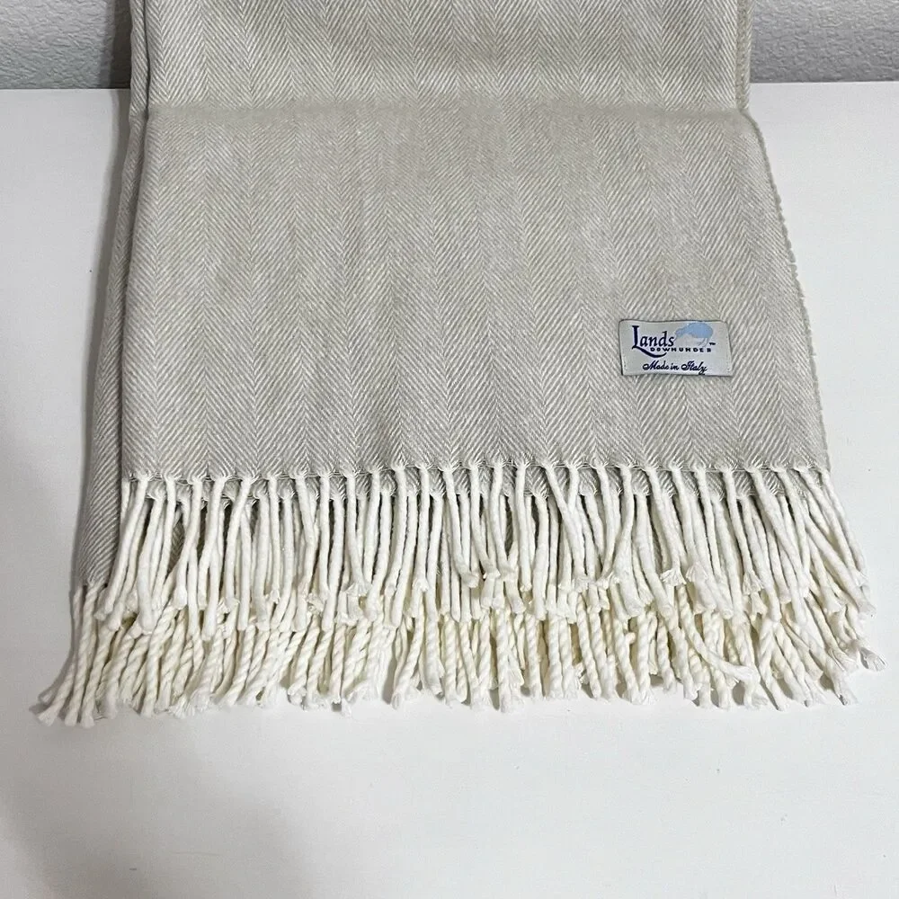 Lands Downunder Italian Herringbone Fringed Beige Throw Blanket Soft Italy
